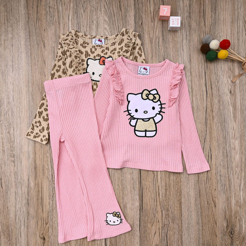 外贸欧美 女宝春秋螺纹棉上衣长袖T恤长裤子打底裤喇叭裤两件套装