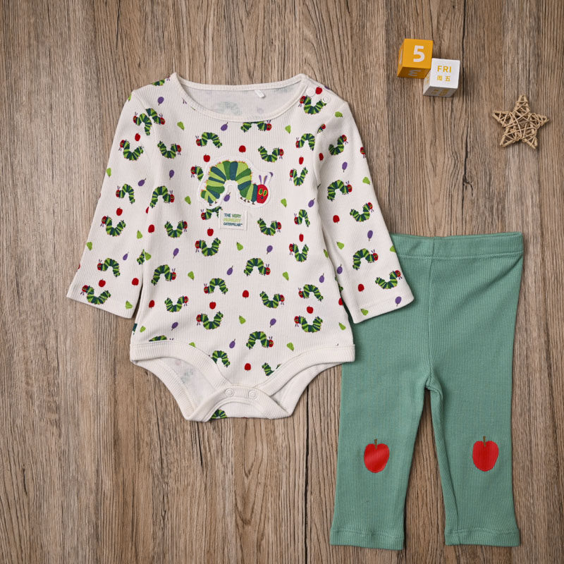 外贸欧美 宝宝春秋螺纹棉长袖T恤上衣三角爬哈衣打底裤长裤子套装