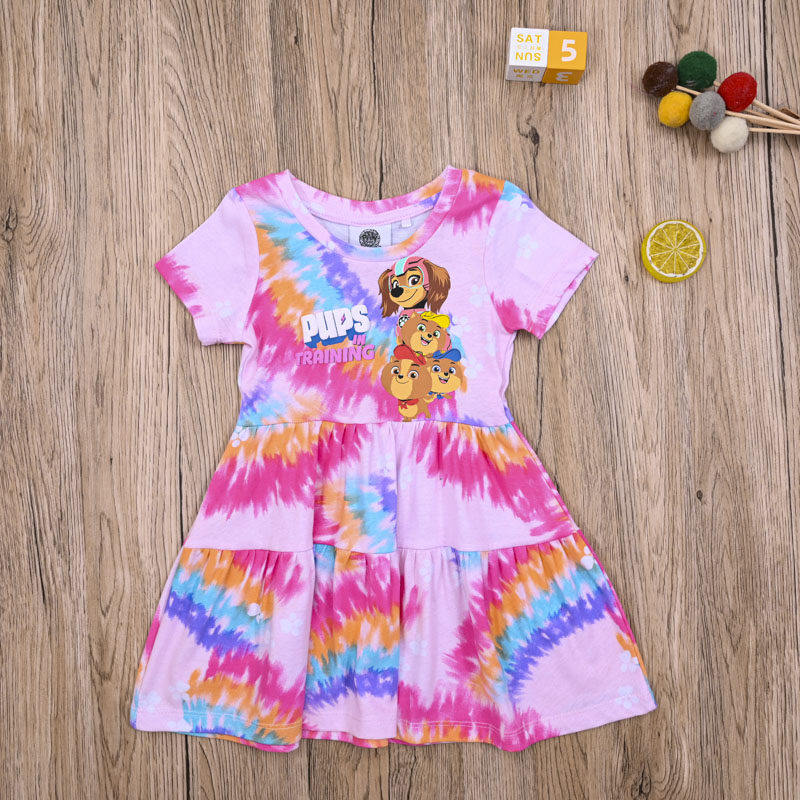 W外贸欧美 女宝夏款短袖公主裙子 女童连衣裙棉质可爱扎染连身裙