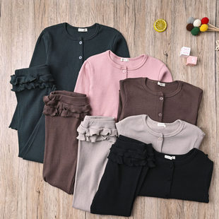 休闲裤 T恤开衫 长裤 子打底裤 外贸日单 两件套装 女宝春秋螺纹棉长袖