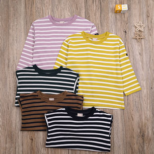 PM外贸日单 春秋儿童纯棉长袖T恤宝宝可爱条纹圆领上衣套头打底衫