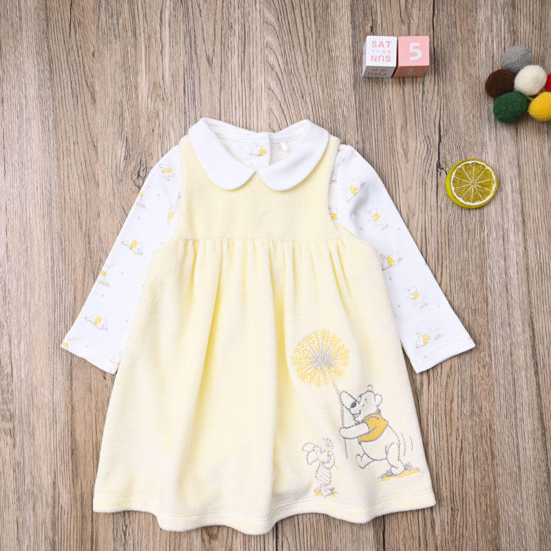 外贸欧美女宝春秋天鹅绒背心裙子纯棉长袖哈衣三角爬可爱两件套装