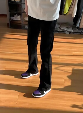 纯黑色弯刀牛仔裤男春季潮牌美式高街vibe窄版修身直筒微喇裤子