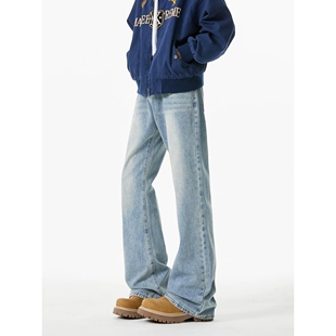 冰蓝色复古水洗牛仔裤男春美式高街cleanfit直筒美式百搭微喇裤子