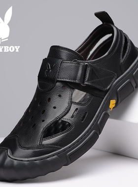 PLAYBOY花花公子夏季男士真皮沙滩鞋时尚休闲透气防滑包头凉鞋男