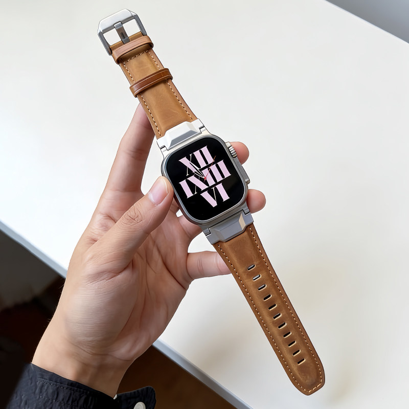 适用AppleWatchUltra3表带iWatchUltra2苹果复古真皮表带适用苹果iwatch铠甲款改装金属连接头配头层皮手表带