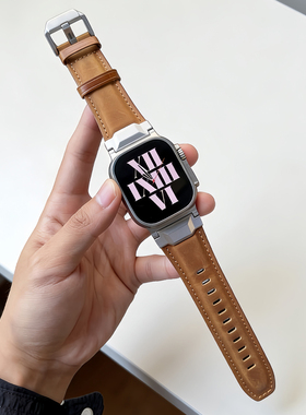 适用AppleWatchUltra3表带iWatchUltra2苹果复古真皮表带适用苹果iwatch铠甲款改装金属连接头配头层皮手表带