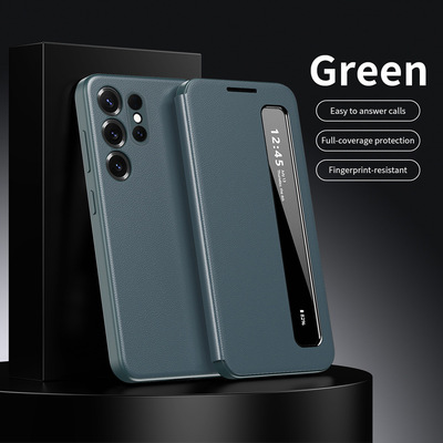 适用三星s25ultra手机壳s25+商务皮质s25翻盖式智能休眠皮套s25fe前后带盖s25u十plus磁吸uitra透明视窗case