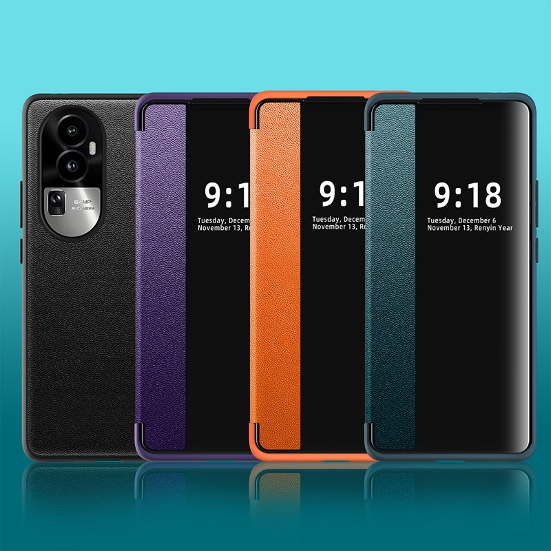 适用opporeno10pro手机壳reno10高档素皮pro+翻盖式透明视窗0pporeno双面全包por皮套opρo掀盖PHU110十p防摔