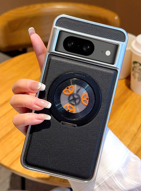 适用谷歌pixel8pro手机壳Google pixel8高级感pixei电镀素皮piex全包保护套por超薄plxel8皮革piexl8齿轮支架