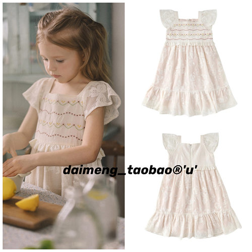 110-140码出口韩夏款女童女宝方领蕾丝拼接刺绣民族风无袖连衣裙