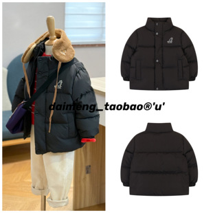 100-155码出口韩冬款男女童中大童黑色立领短款厚实羽绒服外套