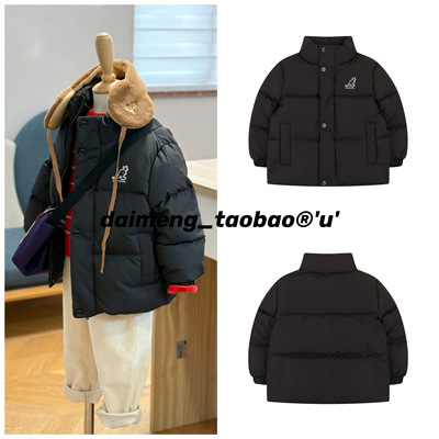 100-155码出口韩冬款男女童中大童黑色立领短款厚实羽绒服外套