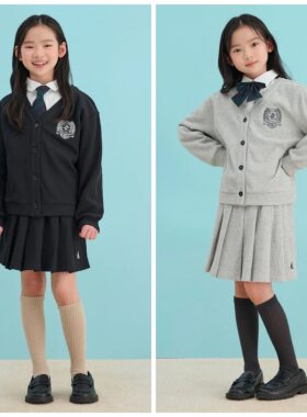 110-165码出口韩秋款男女童中性两色V领华夫格学院风亲子开衫外套