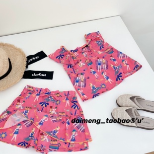 100-150码出口韩夏款女童粉色无袖翻领卡通满印上衣拼接裙裤套装