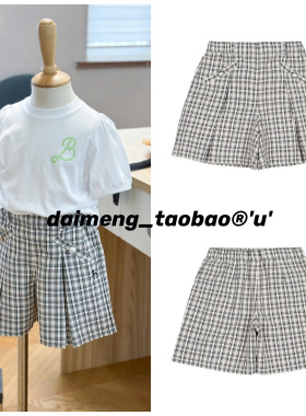 110-165码出口韩夏款女童中大童松紧腰洋气细格拼色复古休闲短裤