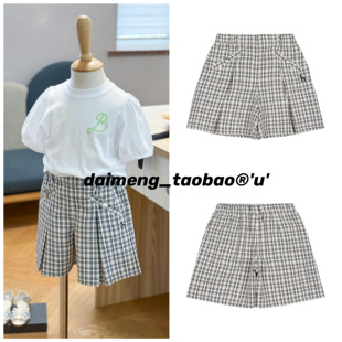 女童中大童松紧腰洋气细格拼色复古休闲短裤 出口韩夏款 165码 110