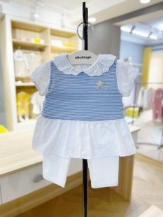 90-120码夏女童女宝婴幼儿超薄软舒服纯棉镂空条纹拼接翻领上衣裙