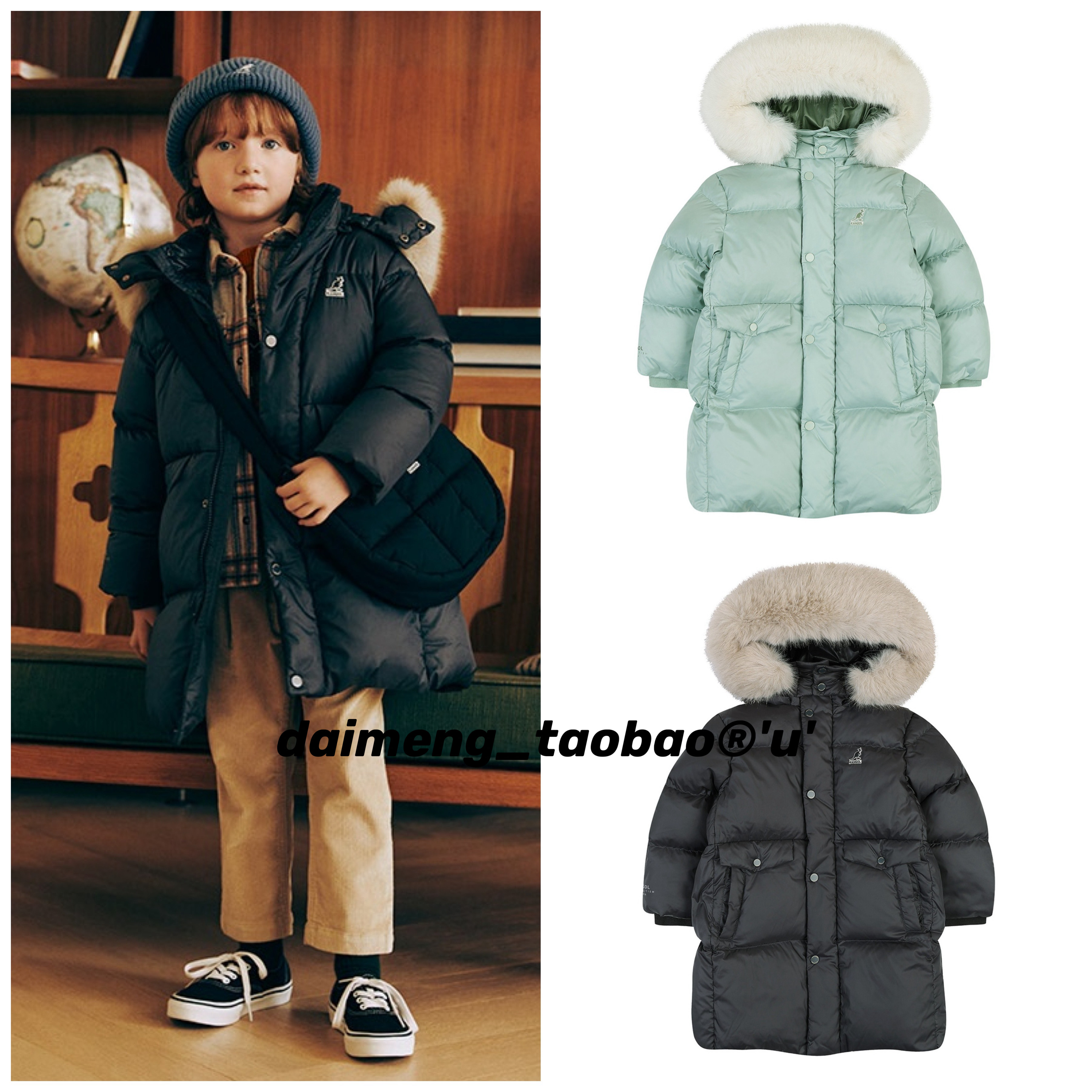 80%鸭绒110-155码出口韩冬款男女童中大童两色厚实毛领连帽羽绒服
