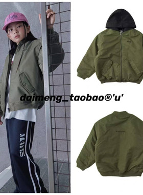 120-160码出口韩秋冬款男女童军绿连帽棒球服薄棉衣棉服可亲子