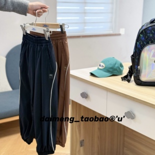 120-165码出口韩春夏款男女童两色松紧腰弧线条束脚速干运动裤