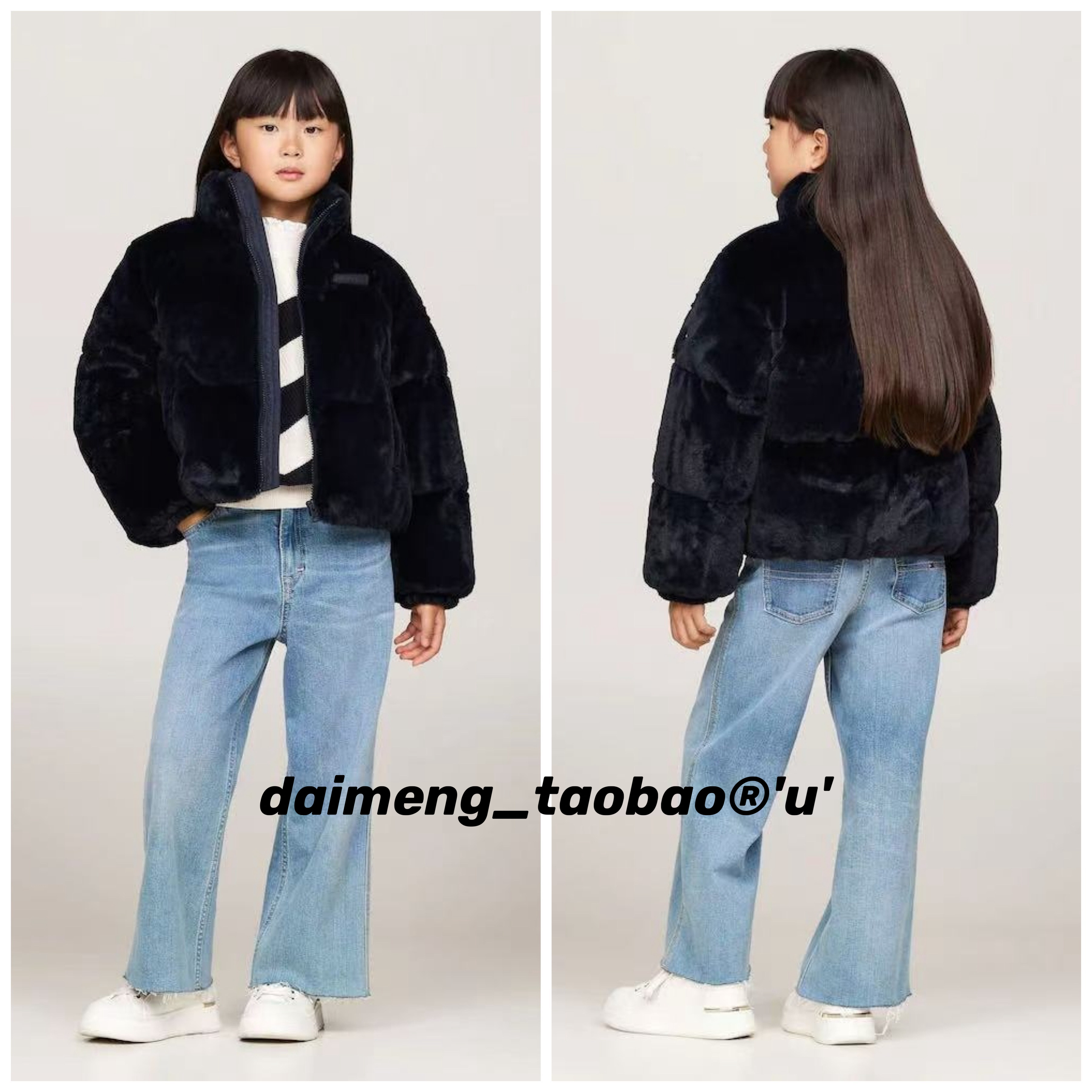 104-128码出口韩冬款男女童藏蓝毛绒立领超厚实保暖羽绒服外套