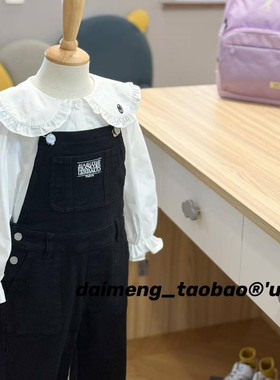 110-140码出口韩秋款女童女宝黑色字母刺绣百搭直筒背带牛仔裤
