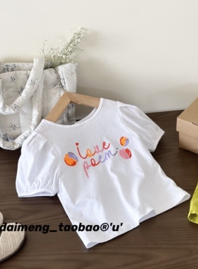 110-150码出口韩夏款女童中大童白色圆领字母印花薄软泡泡短袖T恤