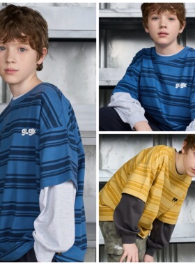 120-160码出口韩夏款男女童中大童两色条纹拼色百搭短袖T恤可亲子