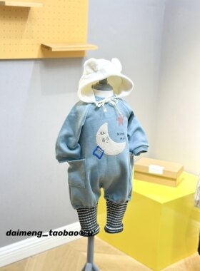 加绒可爱月亮连体爬服带帽子