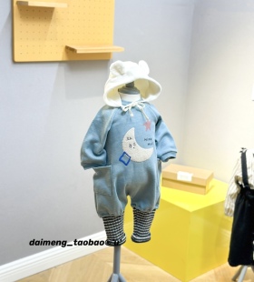 80-90码冬款男女童雾蓝色内里加绒可爱月亮连体爬服带帽子
