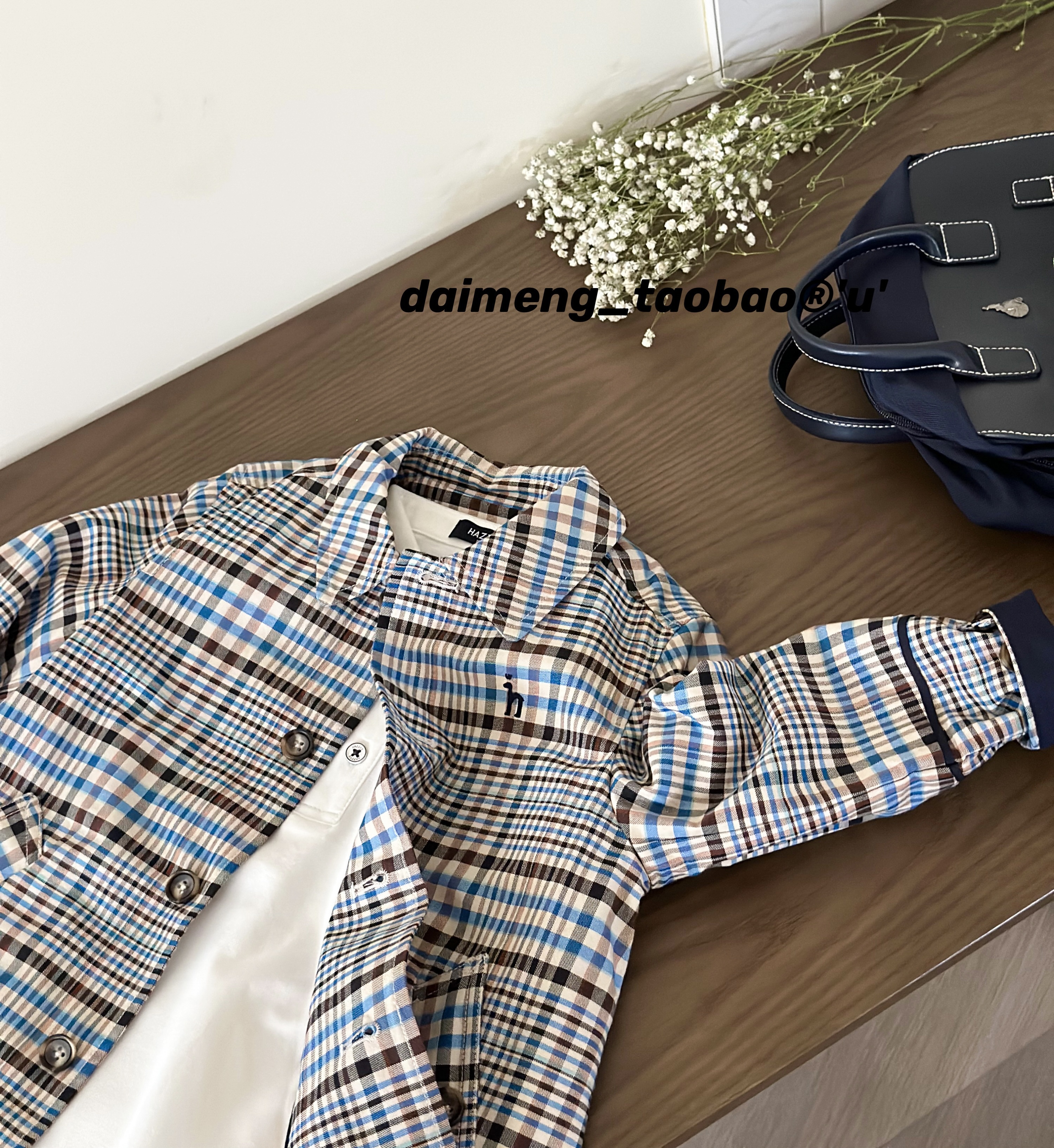 格子挽袖中长款风衣外套