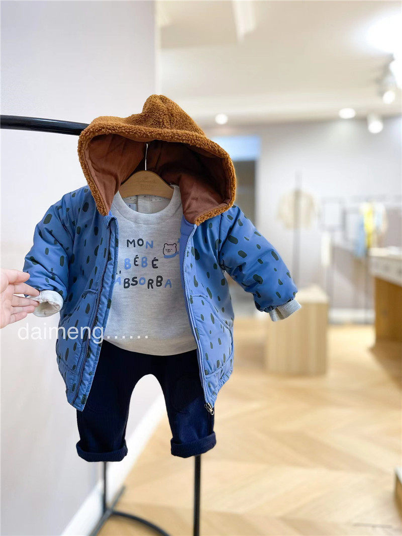 80-100码冬款男女童夹棉保暖斑点羊羔绒拼接连帽棉衣棉服