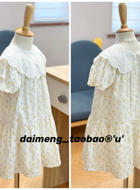 100-150码出口夏款女童女宝刺绣镂空翻领满印碎花泡泡短袖连衣裙