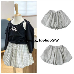 女童女宝松紧腰细格拼色花苞甜美短裤 出口韩夏款 150码 不打折110