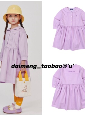 包邮！不打折110-155码出口韩春女童紫色海军刺绣翻领长袖连衣裙