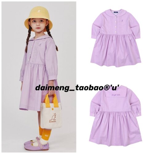包邮！不打折110-155码出口韩春女童紫色海军刺绣翻领长袖连衣裙