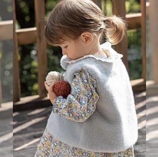 90-120码出口韩冬款女童女宝甜美满印碎花连衣裙蓝毛绒马甲分开卖