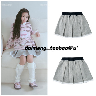 110-150码出口韩春夏款女童中大童灰色拼色百褶防走光运动半裙