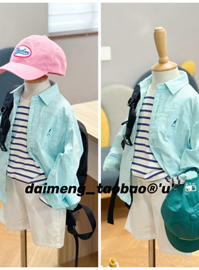 不打折110-155码出口韩春款男女童翻领浅湖蓝纯色长袖衬衣衬衫