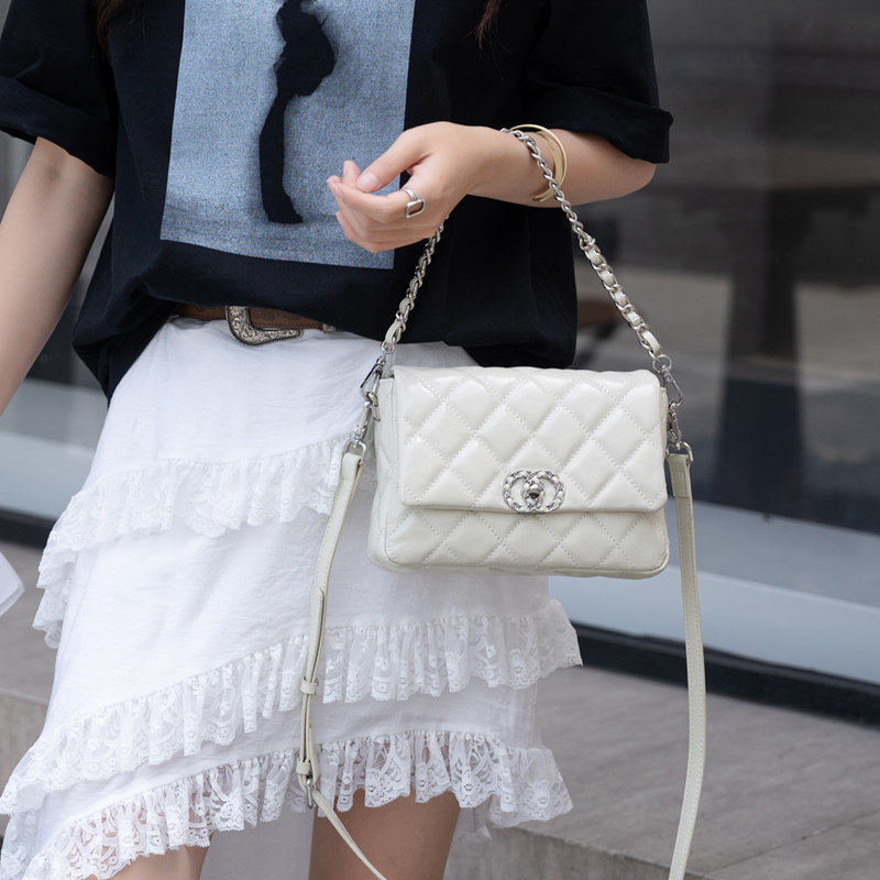 菱格包女气质百搭真皮链条手提小包头层牛皮小香风单肩斜挎小包包