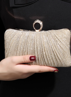 晚宴手拿包2025年新款戒指包大容量晚礼服手包褶皱细闪单肩斜挎包