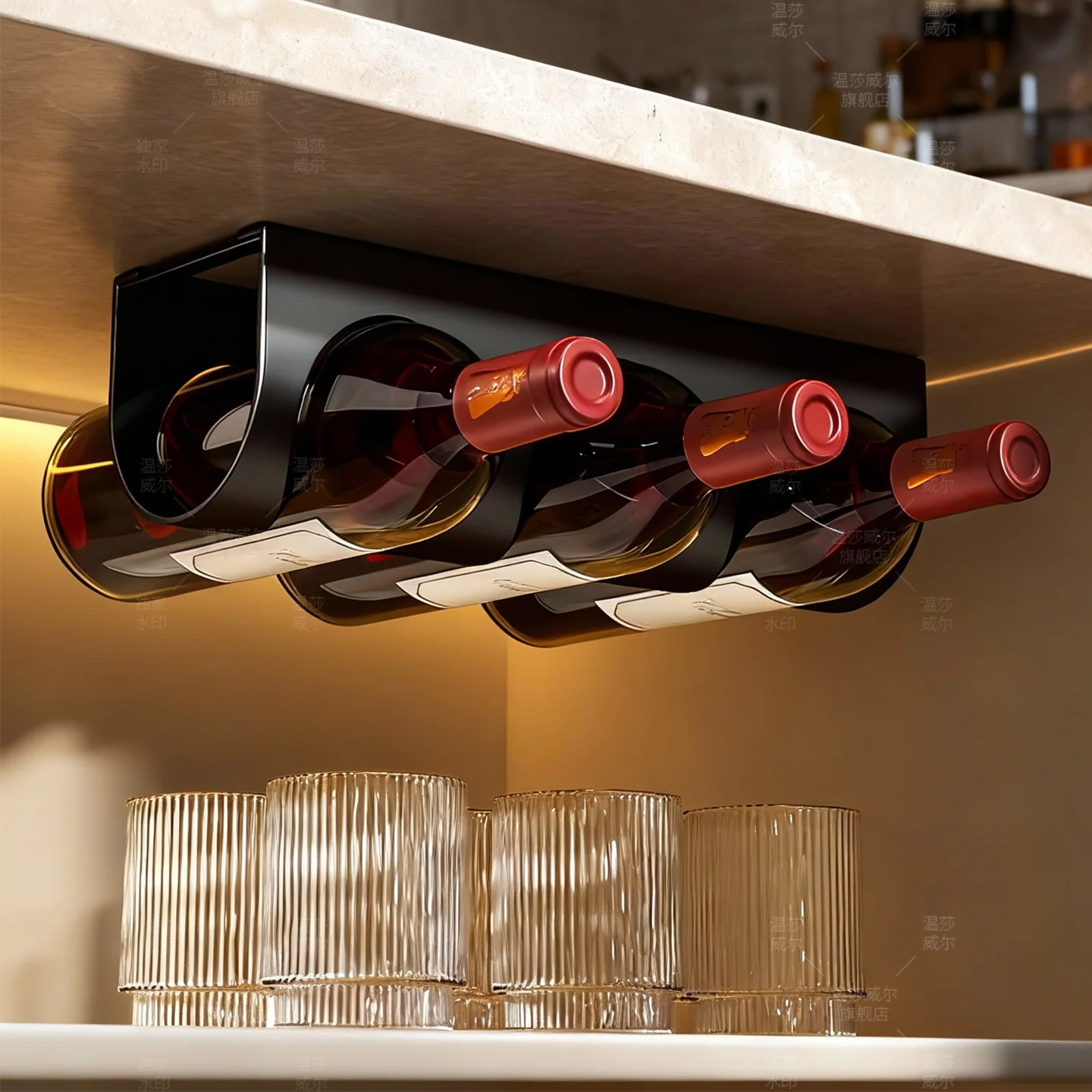 温莎黑色金属红酒架厨房橱柜下挂式节省空间酒瓶收纳架显瘦艺术感