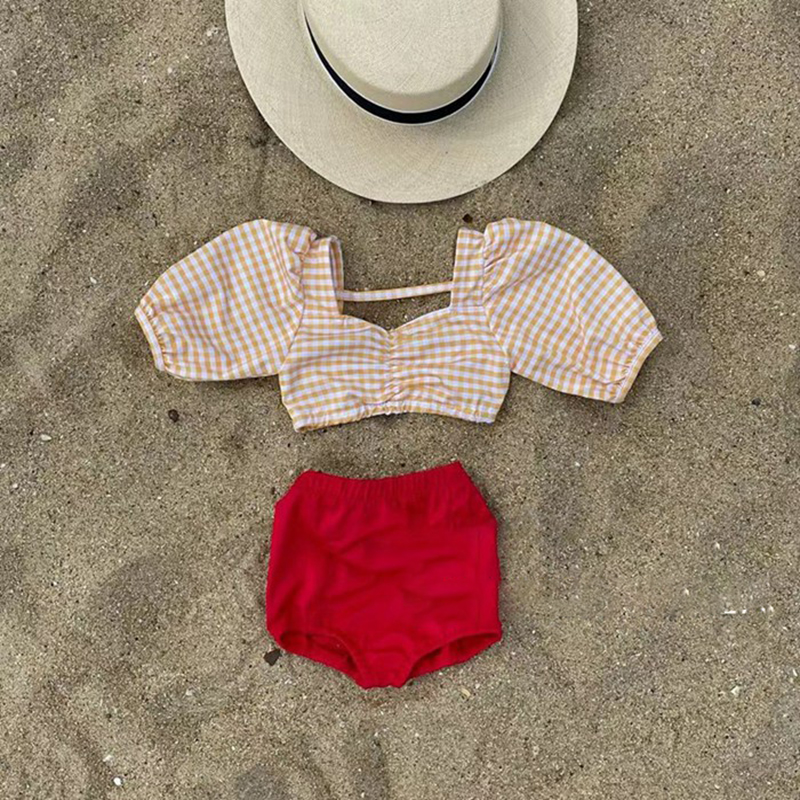 女童泳衣韩版2023新款网红洋气时髦波点格子宝宝中大童分体游泳装