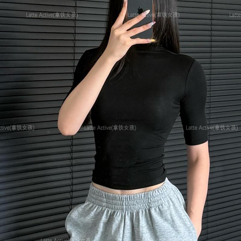 拿铁女孩瑜伽服中袖T恤女修身显瘦上衣女健身服上衣运动高领