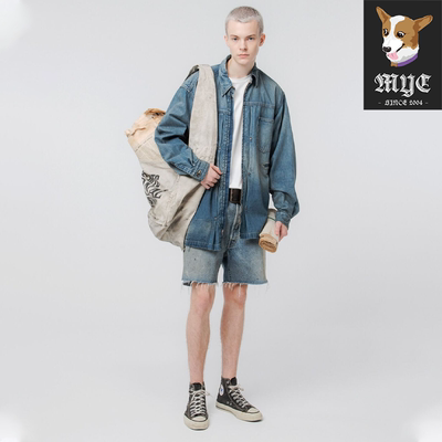 BOWWOW 复古做旧卫衣连帽外套宽松牛仔泼墨夹克上衣