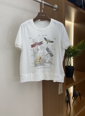 羽衣甘蓝女装夏季新品白色印花蝴蝶圆领小清新T恤短袖