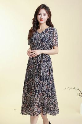 羽衣甘蓝2024夏季鸡心领收腰雪纺短袖连衣裙（含内衬）