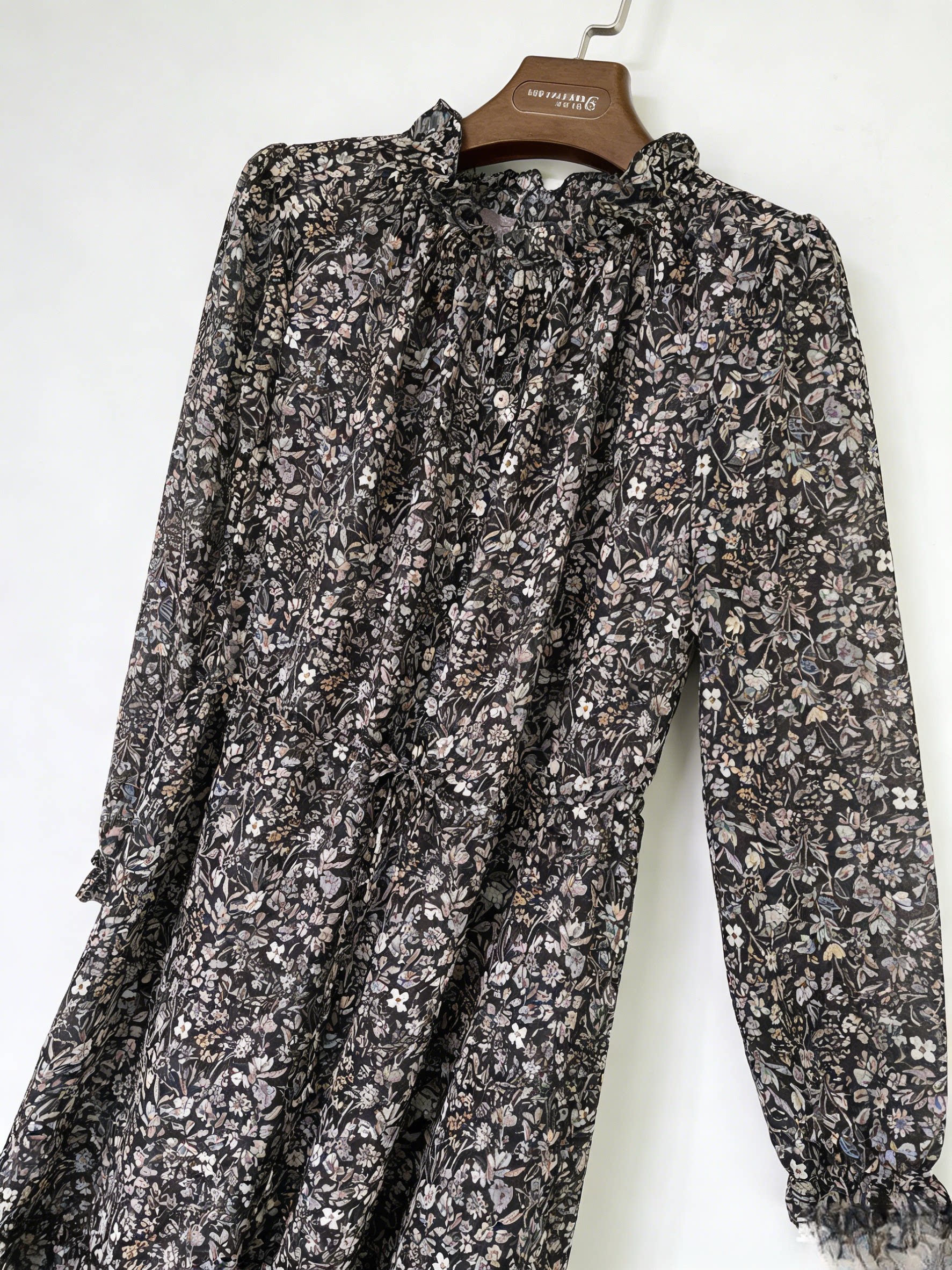 羽衣甘蓝女装春秋新品荷叶领碎花中式风雪纺A字长袖连衣裙