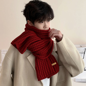 2024新款 加厚针织毛线围脖送男友 保暖纯色韩版 红色围巾男士 冬季